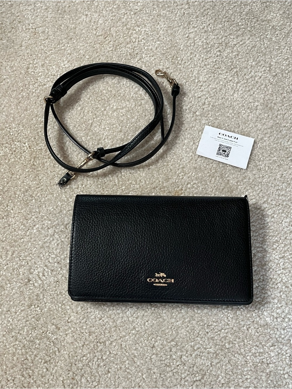 Coach Black Pebbled Leather Crossbody Wallet with Gold Logo